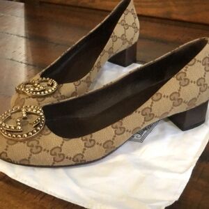 Gucci Brown Monogram Flats with Gold Accent
